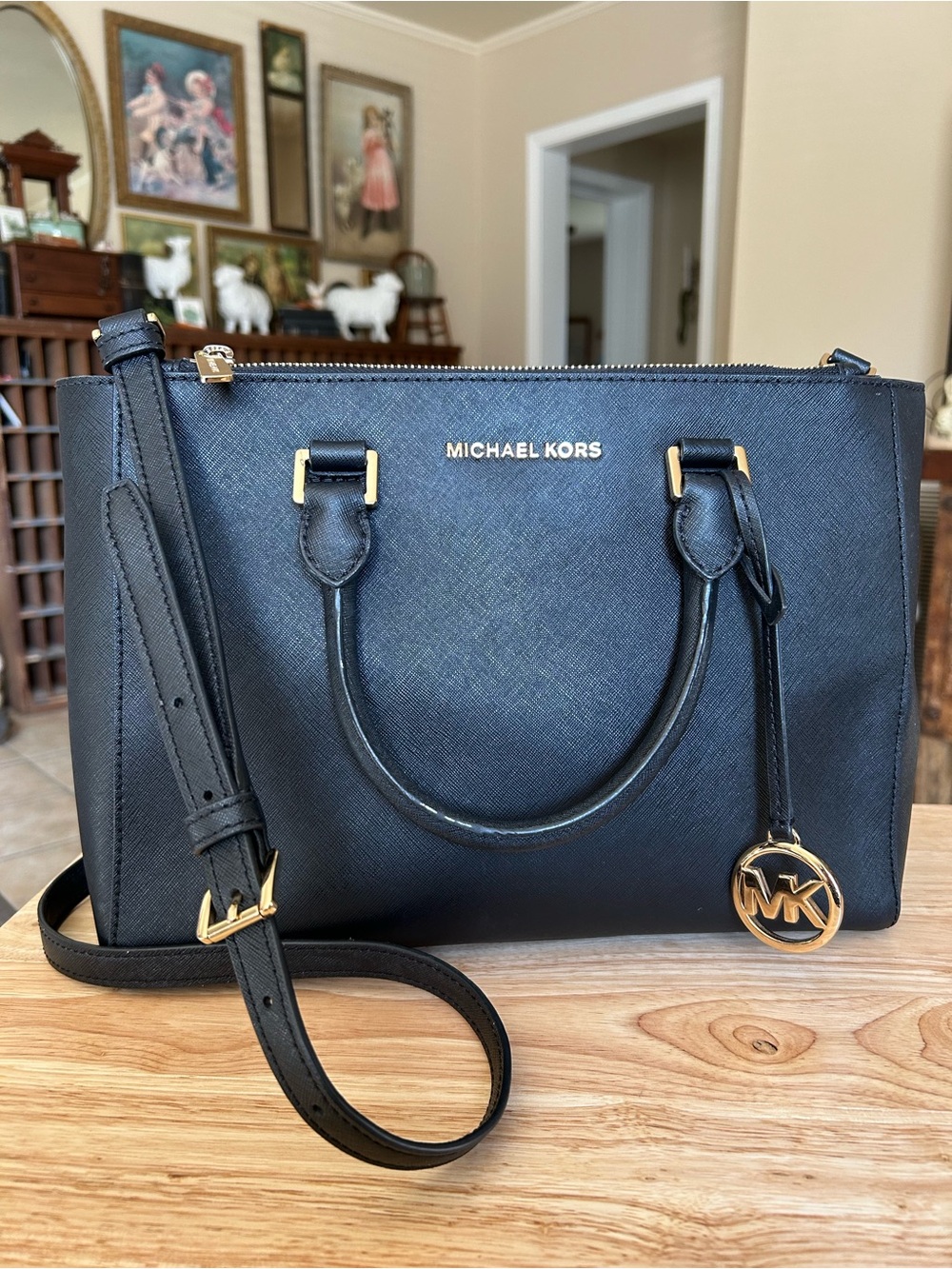 Michael Kors Black Saffiano Satchel with Gold Accents
